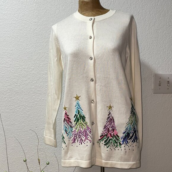 NWT White Sequined Sparkly Christmas Trees Cardigan Sweater QUACKER FACTORY XS - Picture 2 of 7